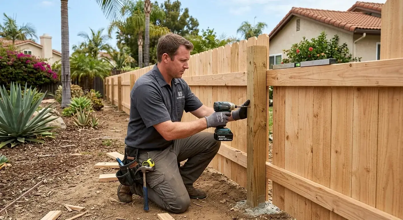 A tan vinyl privacy fence behind a single-family home in an East Chula Vista master-planned neighborhood