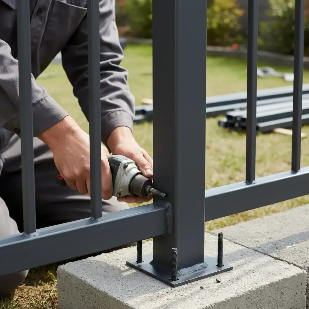 Close-up detail of a black aluminum fence post base securely bolted into concrete, highlighting the durable powder-coated finish.