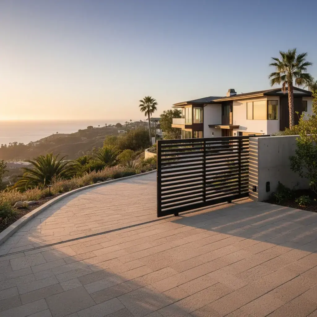 An automatic driveway gate at the end of a long inland San Marcos driveway with hillside lots behind it