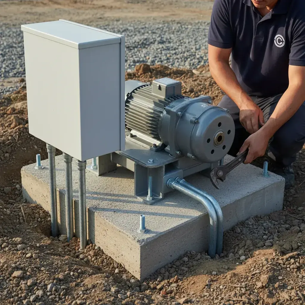 Close-up of a gate operator motor and control box mounted on a concrete pad, with conduit running to the gate at a professional installation.