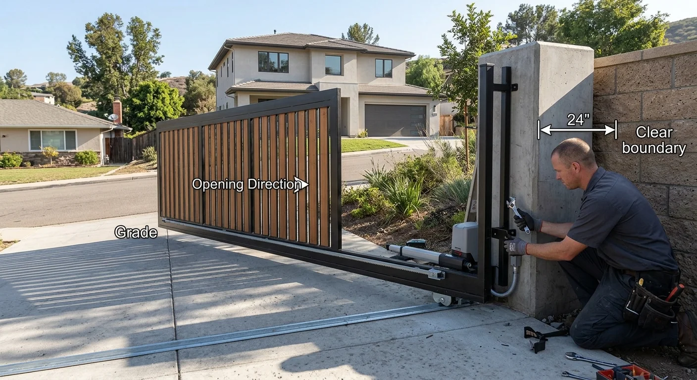 Automatic driveway gate on a sloped Santee lot showing grade and side clearance