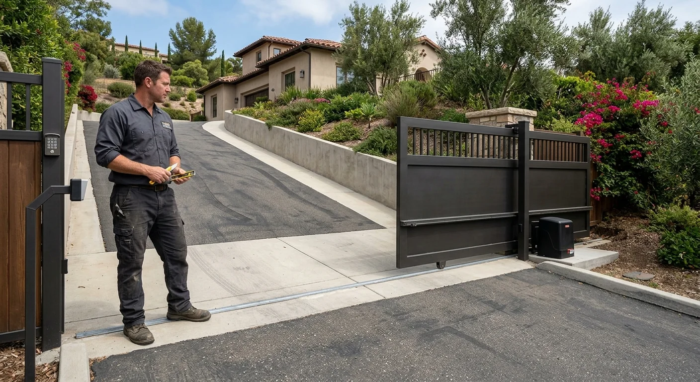 Automatic driveway gate on a Vista lot showing grade and side clearance