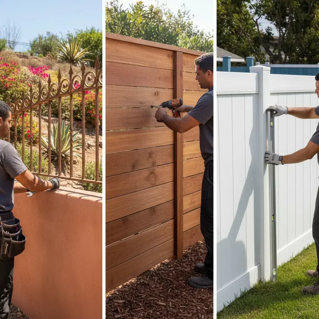 A three-panel comparison showing a Spanish-style stucco wall, a modern horizontal wood fence, and a white vinyl privacy fence in sunny San Diego backyards.