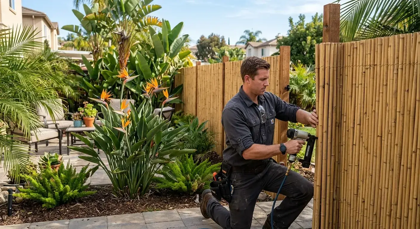 A stylish rolled bamboo fence providing privacy for a backyard patio in a San Diego home, with tropical plants like birds of paradise.