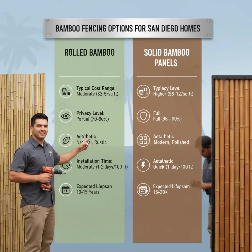 Infographic comparing rolled bamboo and solid bamboo panel fencing for San Diego, highlighting pros, cons, and typical lifespans.