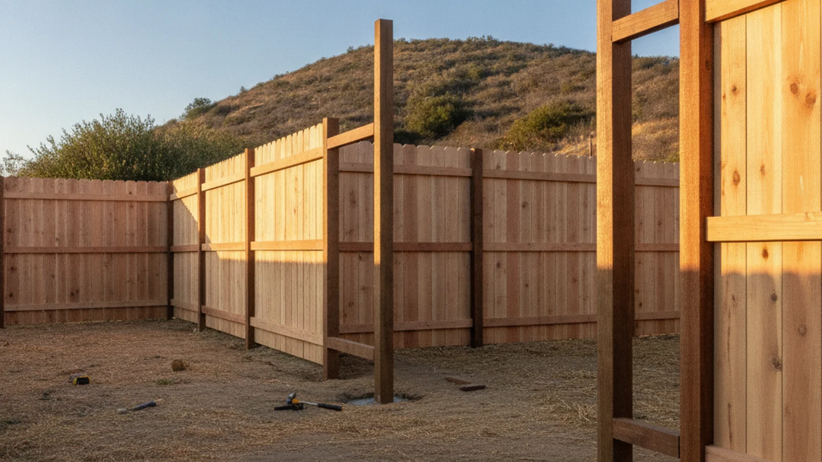 A wood fence panel being set in a San Diego backyard under clear late-spring skies with dry, workable soil
