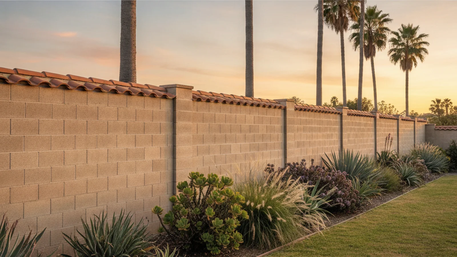 A tan stucco-finished concrete block wall fence runs along the perimeter of a San Diego backyard under warm afternoon light, with a tile cap on top and drought-tolerant landscaping in front