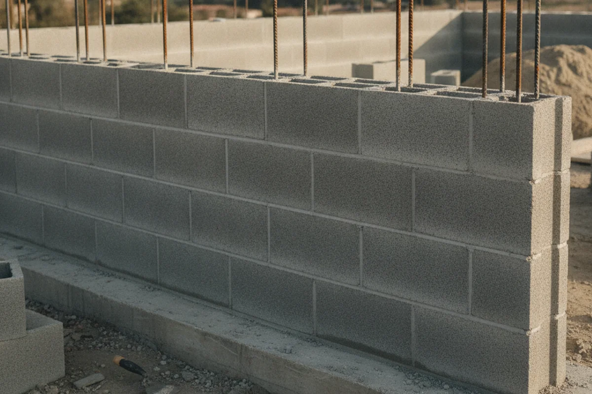 A partially built gray concrete block wall showing vertical rebar rising through hollow block cells before the cells are grouted solid, with a concrete footing at the base