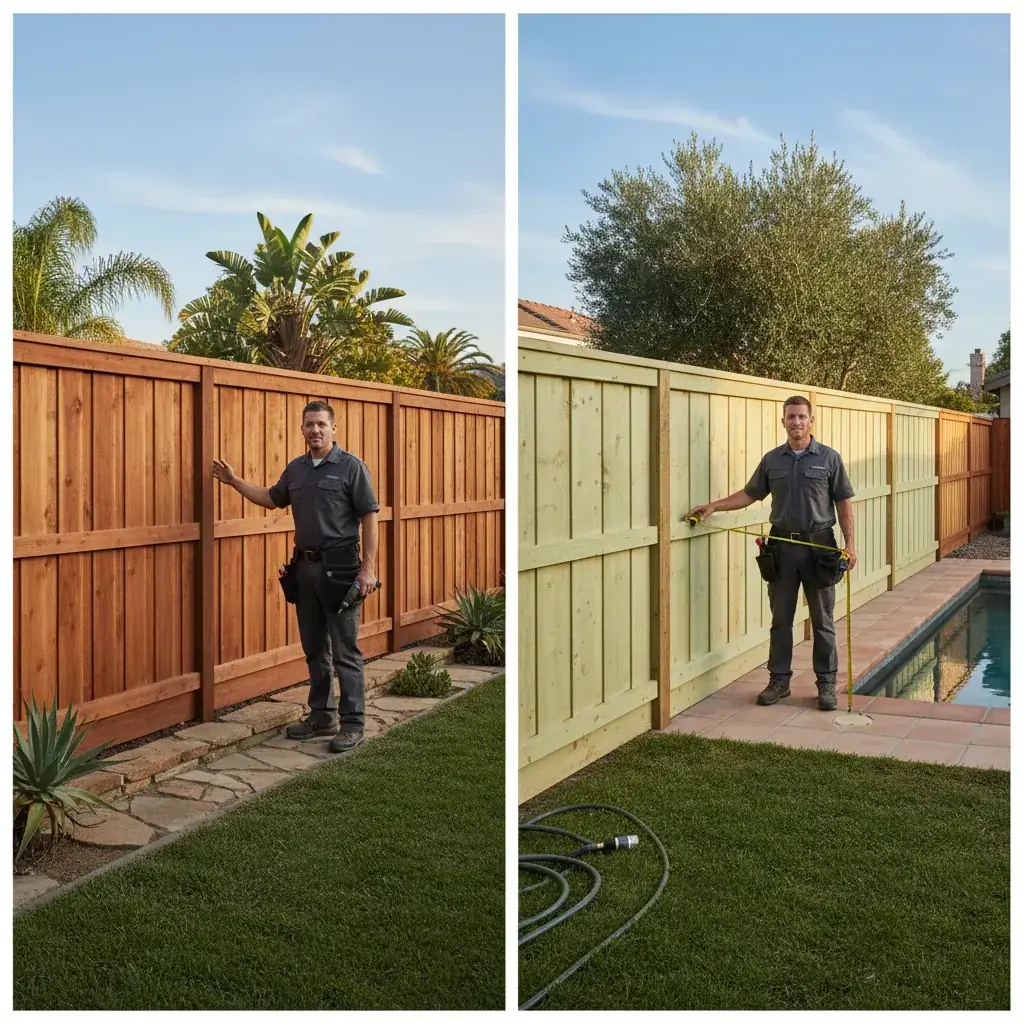A clear-grade cedar estate fence along a Rancho Santa Fe property line with mature landscaping behind it