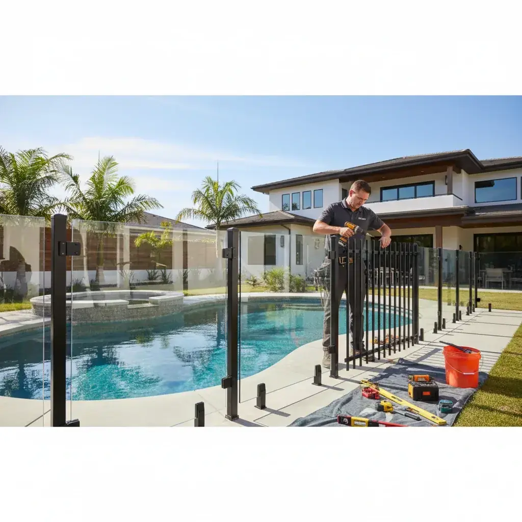 Removable mesh pool safety fence with black mesh panels and a self-closing gate surrounding a San Diego backyard pool