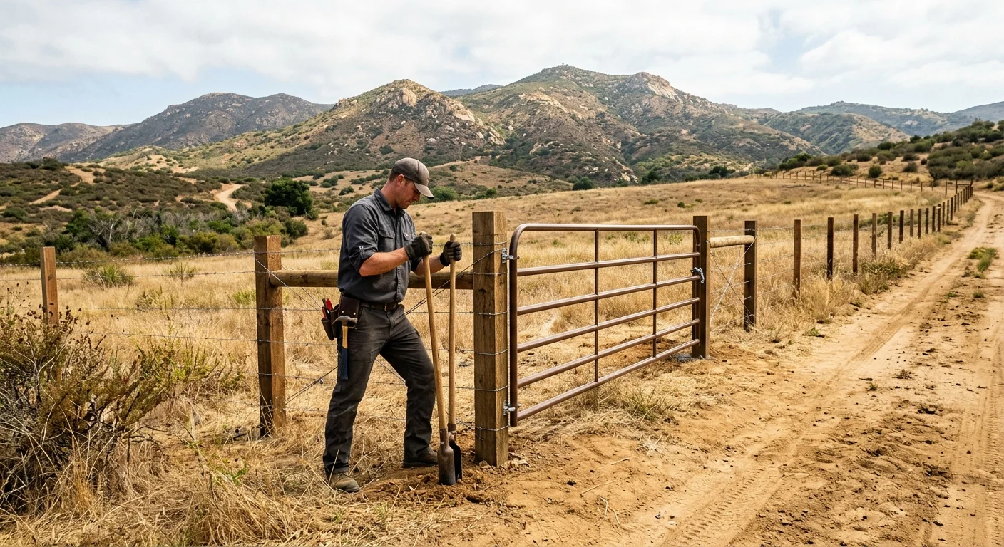 Pasture fence line and field gate with inland San Diego County hills in daylight