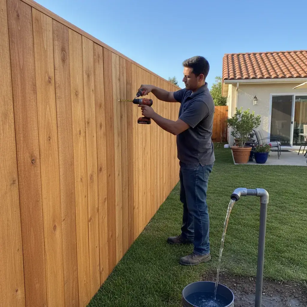 A cedar privacy fence stepping down a sloped East County lot in Spring Valley, CA under strong inland sun.
