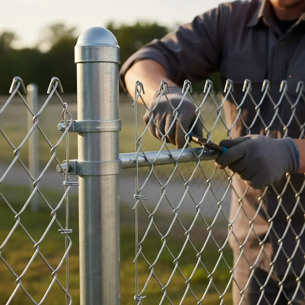 Detail of a galvanized chain link tension band and post cap at a corner post, showing tightly stretched mesh and clean fabric tie-ins.