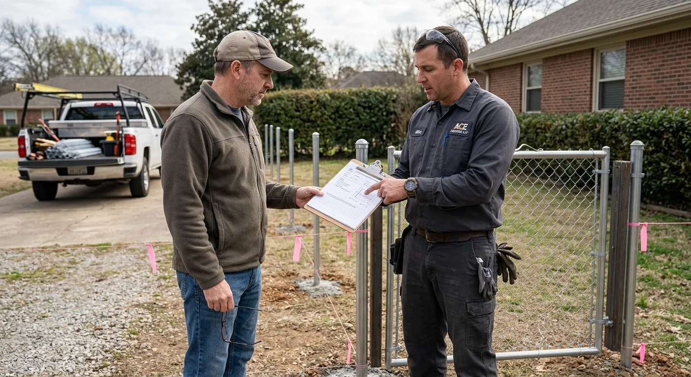 Property owner and contractor reviewing a chain link fence proposal on site