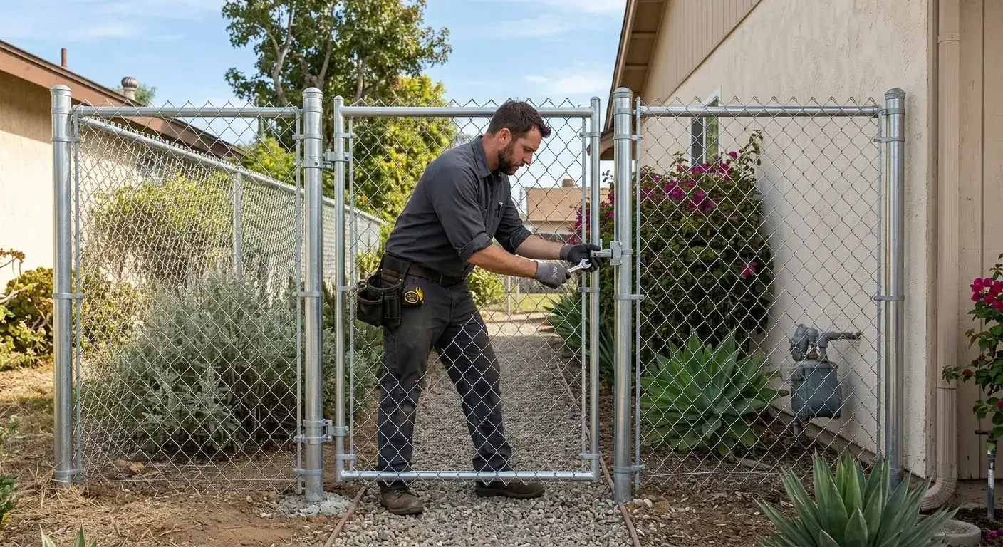 A clean installation of a galvanized chain link walk-through gate in a residential side yard in San Diego.