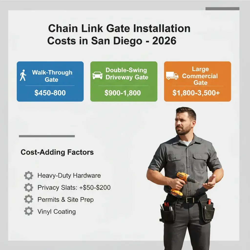 Infographic showing cost factors and typical ranges for chain link gate installation in San Diego, including walk-through and driveway gates with various add-ons like privacy slats.