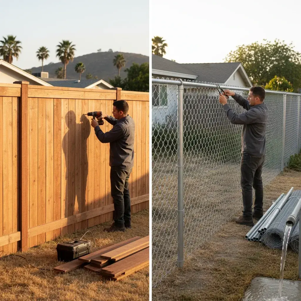 A wood privacy fence next to a chain link fence on a sunny East County El Cajon lot