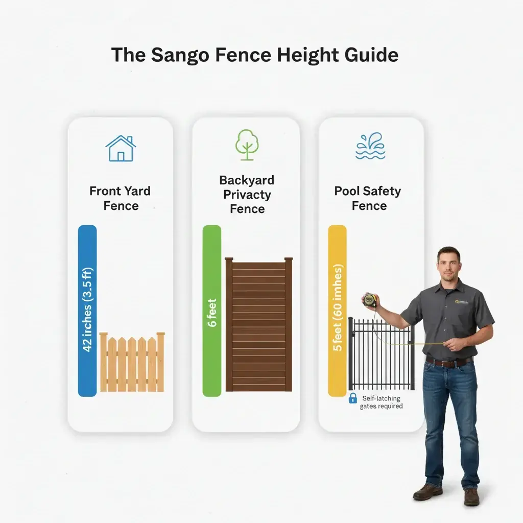 Infographic comparing typical San Diego fence heights: 4-foot for front yards, 5-foot for pool barriers, and 6-foot for backyard privacy.