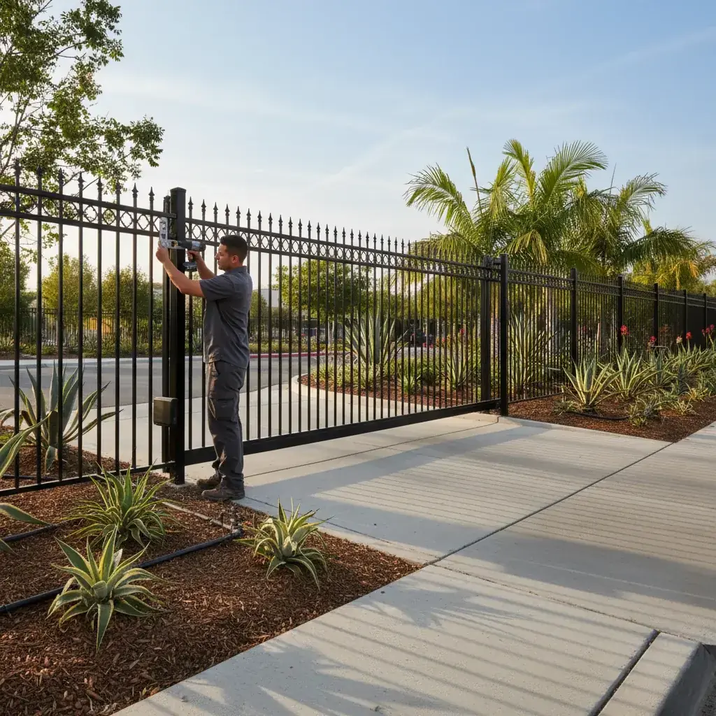 A black ornamental steel security fence securing the entrance of a professional San Diego business property with an automated sliding gate.
