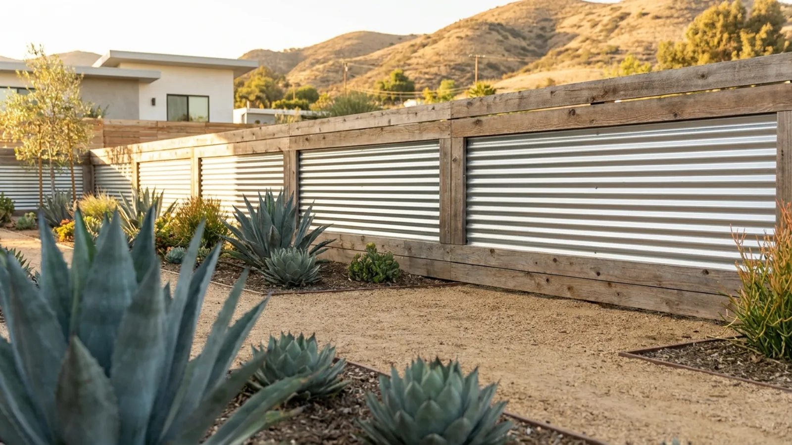 A modern corrugated galvanized metal fence set in a horizontal wood frame along a San Diego backyard with drought-tolerant landscaping