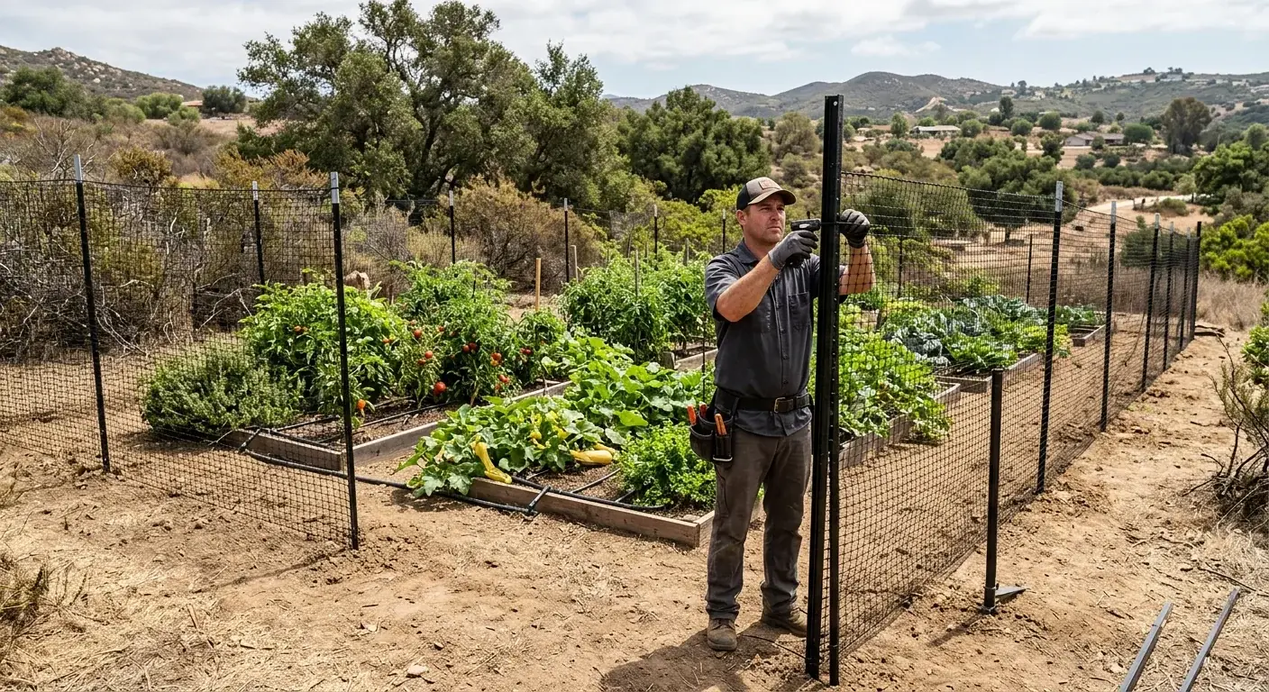 A tall, unobtrusive black mesh deer fence protecting a lush vegetable garden on a property in a rural part of San Diego County.