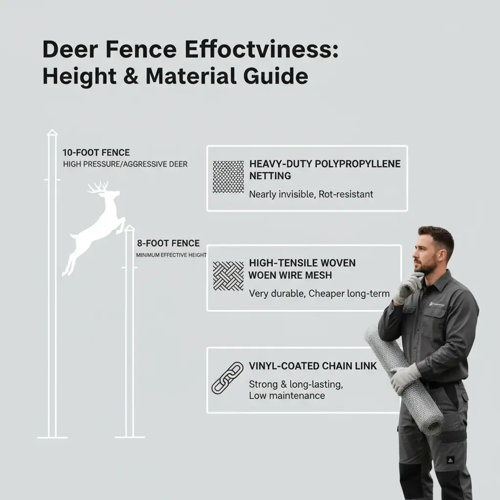 An infographic illustrating optimal deer fence heights for different deer species and scenarios, with common effective materials.