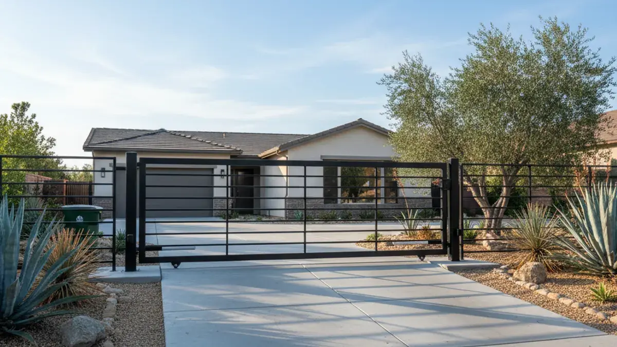 A wide black metal automatic sliding driveway gate at the entrance of a San Diego home with drought-tolerant landscaping and clear blue sky