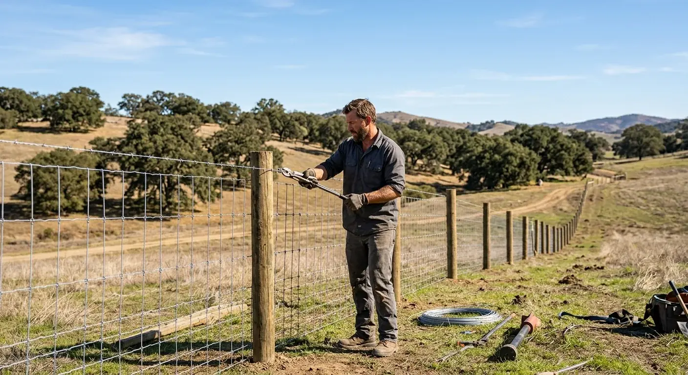 A long stretch of woven wire farm fence on a rural San Diego County property, with rolling hills and oak trees in the background under a clear sky.
