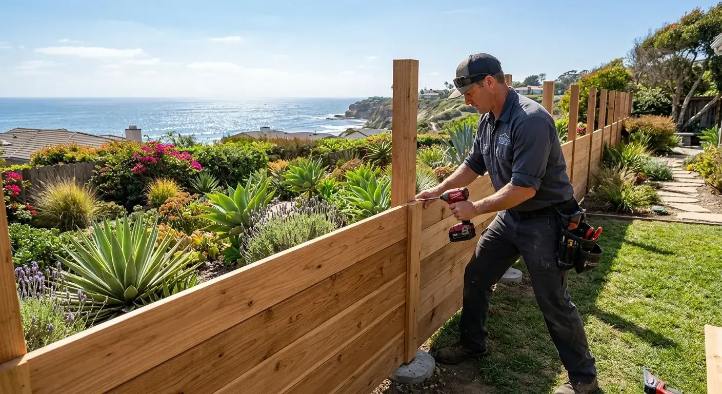 A beautiful cedar or vinyl fence in a sunny Encinitas backyard with coastal landscaping