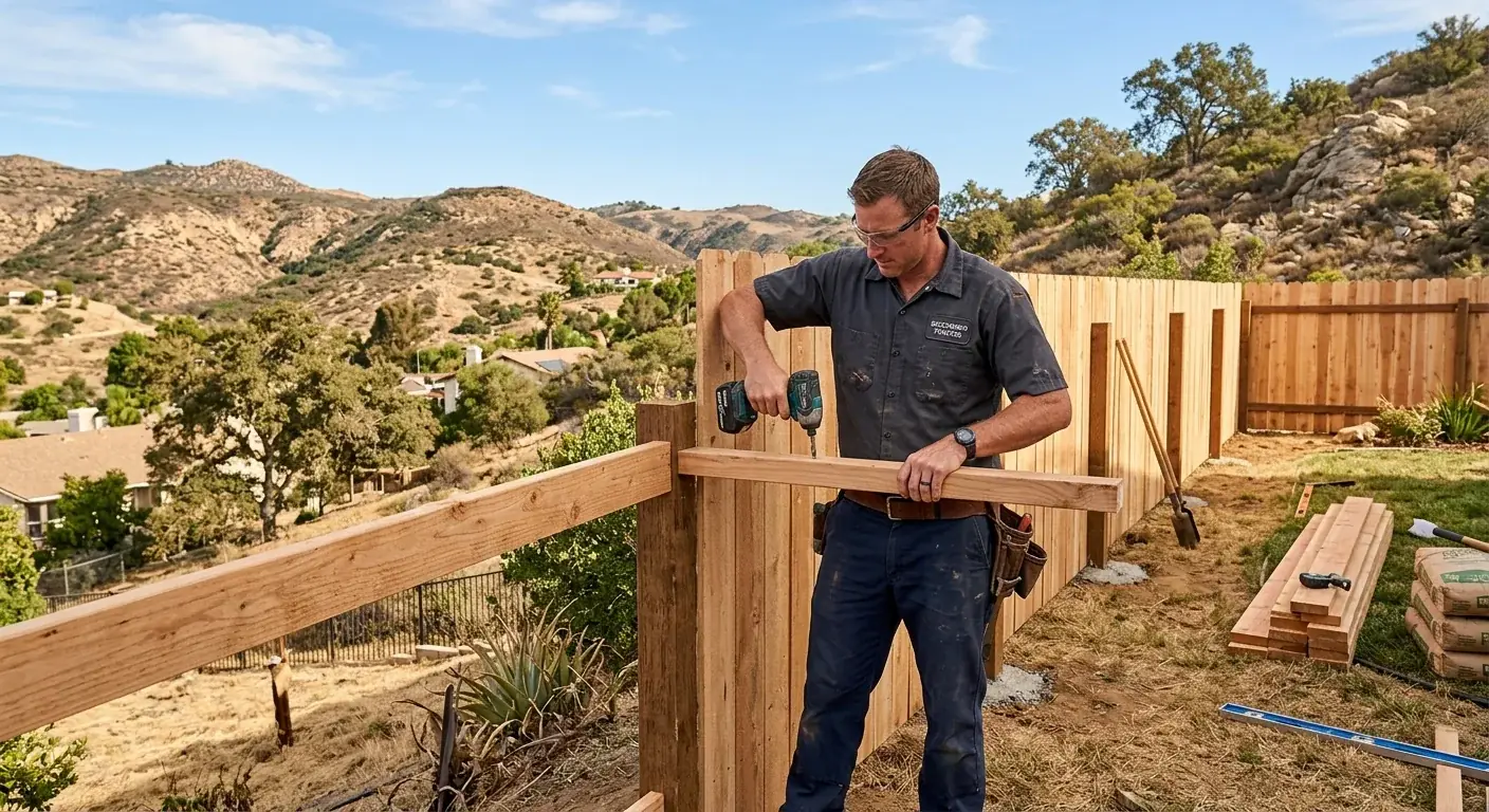 A sturdy wood privacy fence in a sunny Escondido backyard, with dry hills in the background under a clear sky.