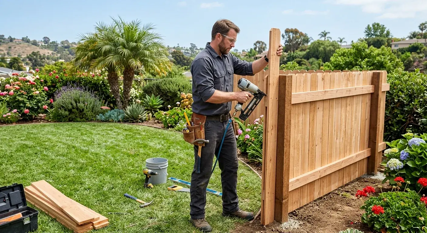 A classic wood privacy fence in a sunny La Mesa backyard, with a well-kept lawn and garden.