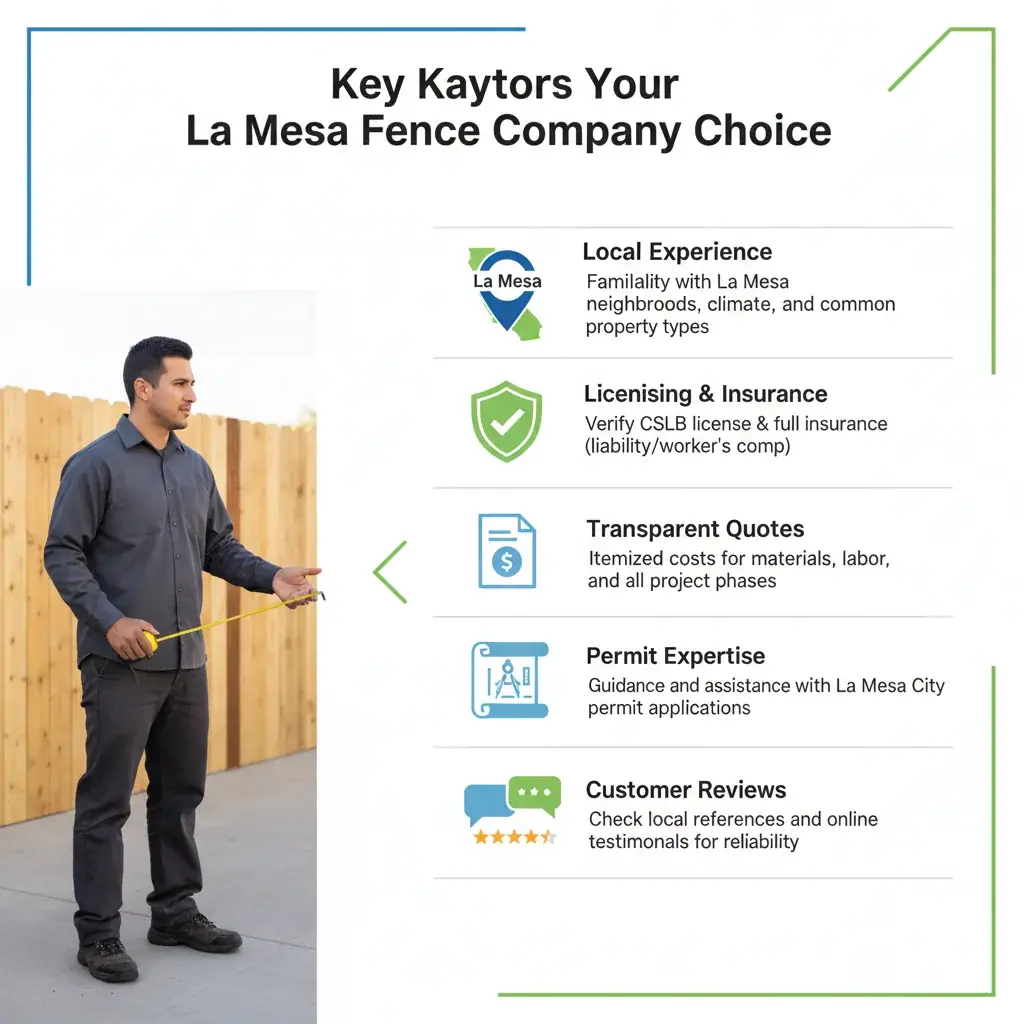 Infographic detailing key factors when choosing a fence company in La Mesa, CA, including experience, licensing, local knowledge, transparent quotes, and customer reviews.