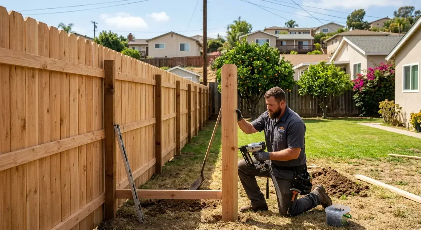 A freshly installed wood privacy fence in a sunny Lemon Grove backyard, with a mix of residential homes in the background.