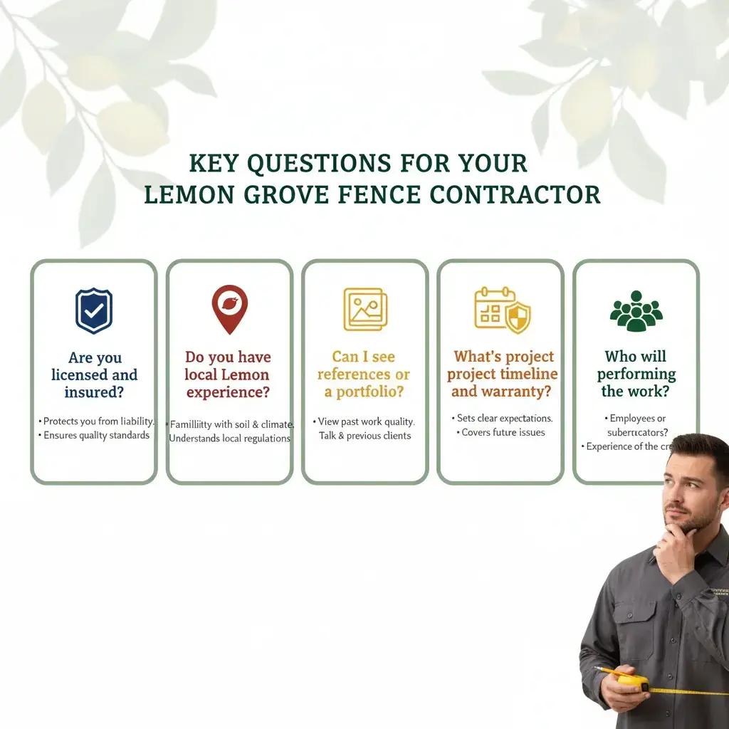 An infographic showing a checklist of important questions to ask a fence contractor in Lemon Grove, CA, covering licensing, insurance, estimates, timelines, and warranty.