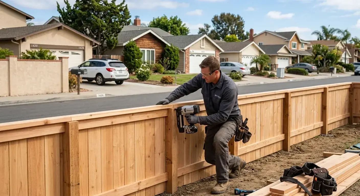 A clean and sturdy wood privacy fence in a typical Oceanside suburban neighborhood