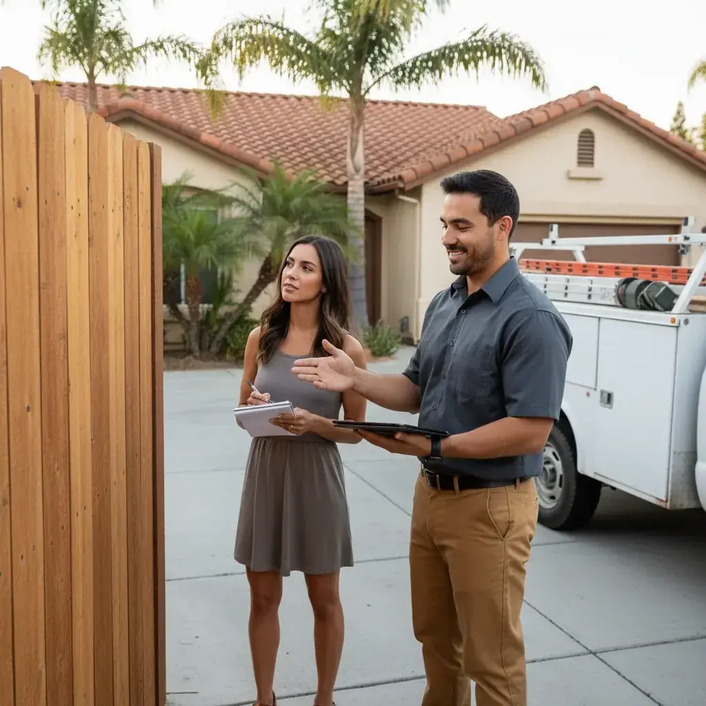 A friendly contractor in uniform providing a quote to a homeowner in front of a Poway home.