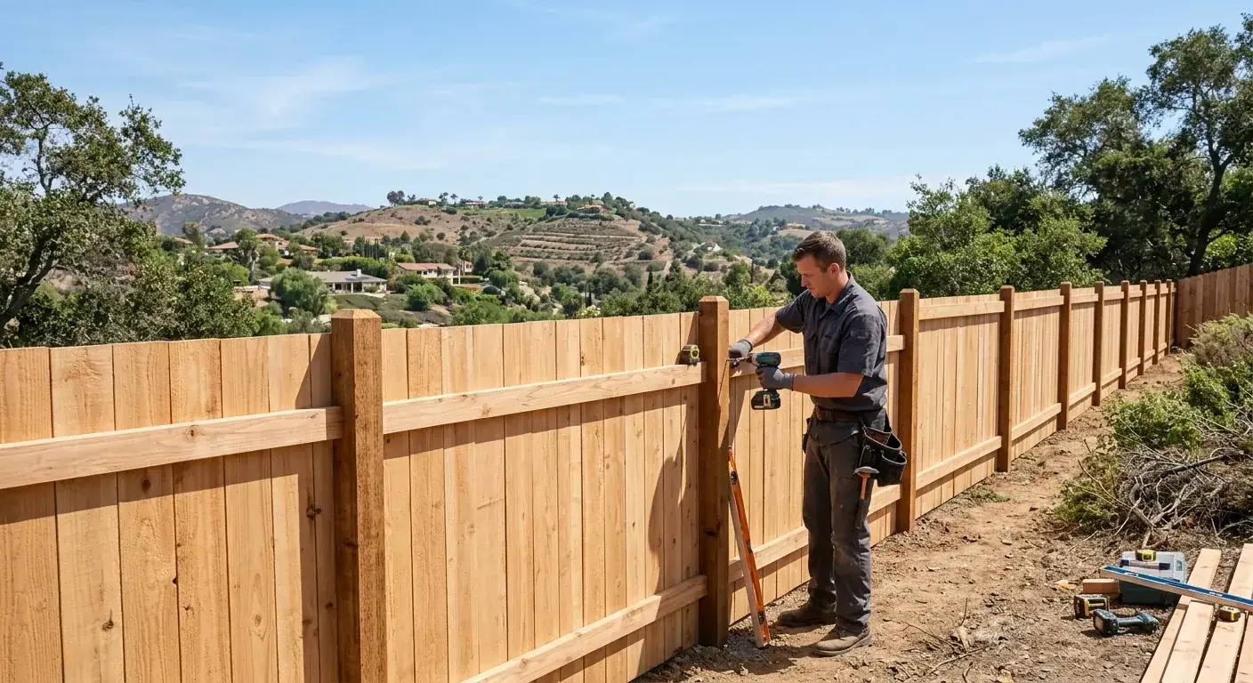 A durable and well-built wood fence on a property in Vista, with the rolling hills typical of the area in the background under a clear sky.