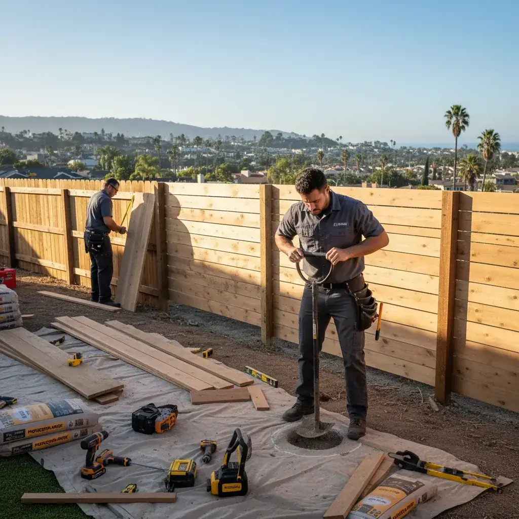 A new wood privacy fence installed along a San Diego backyard in warm afternoon light