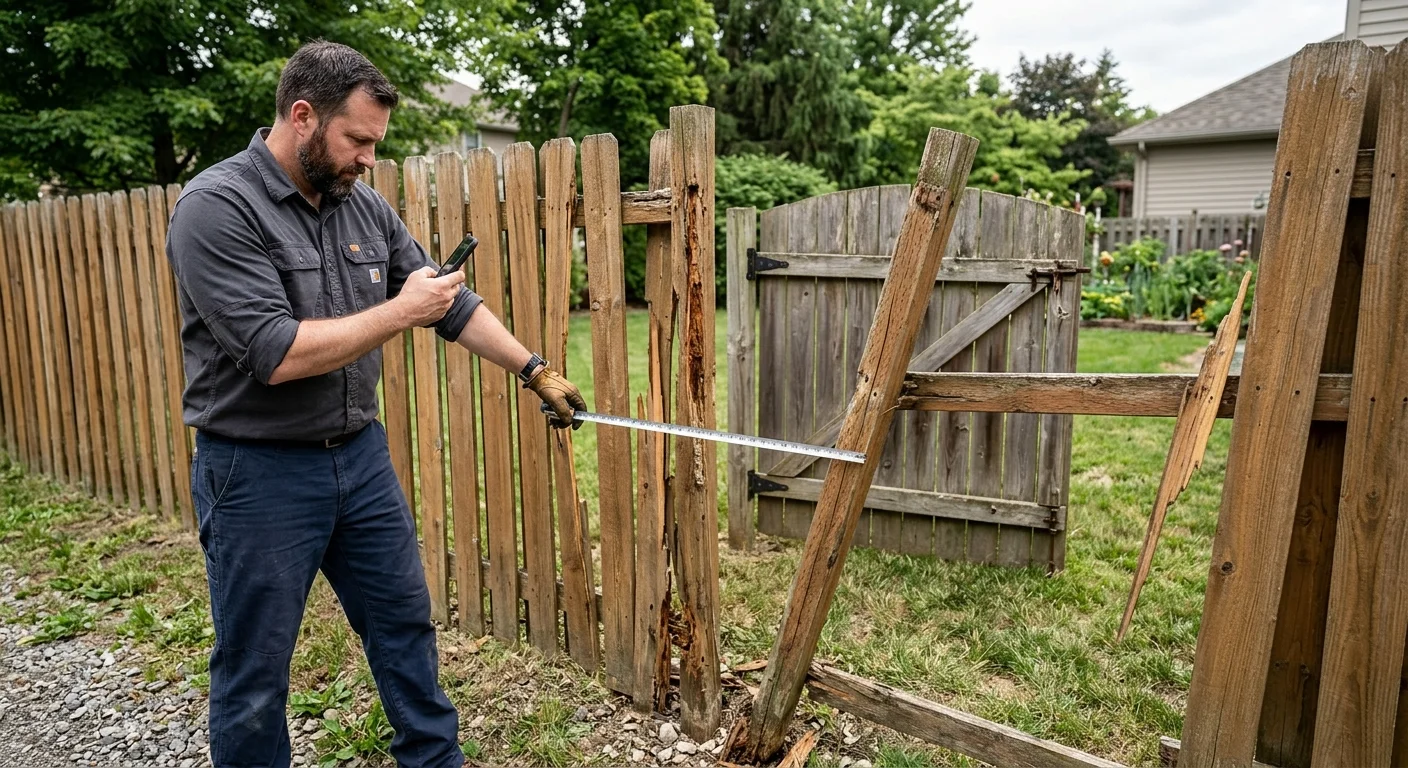 Homeowner photographing damaged fence posts, panels, and a gate before listing