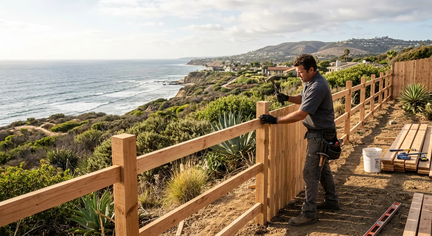 Wood fence on a Carlsbad lot with coast-to-inland light and landscaping