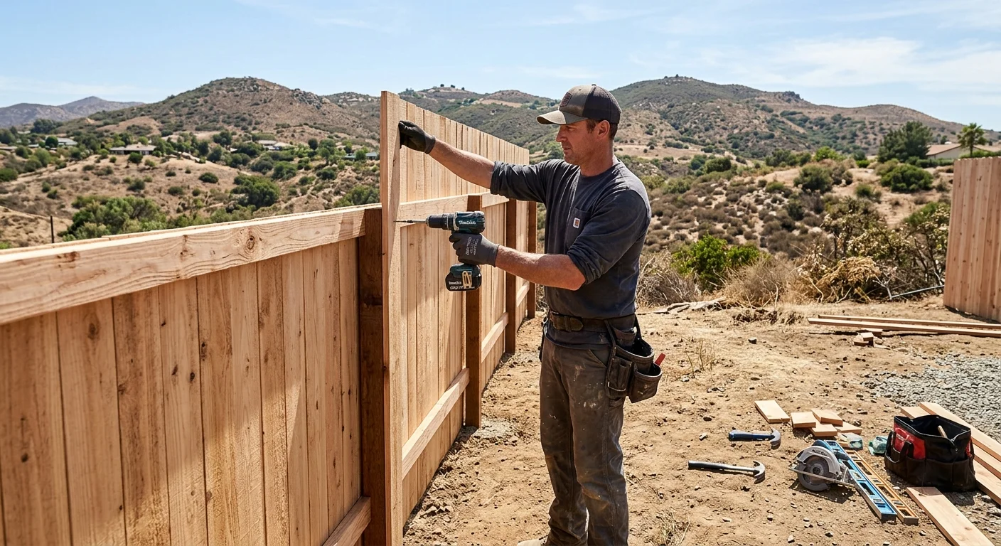 Wood fence on a dry Escondido inland lot in bright daylight with hills behind