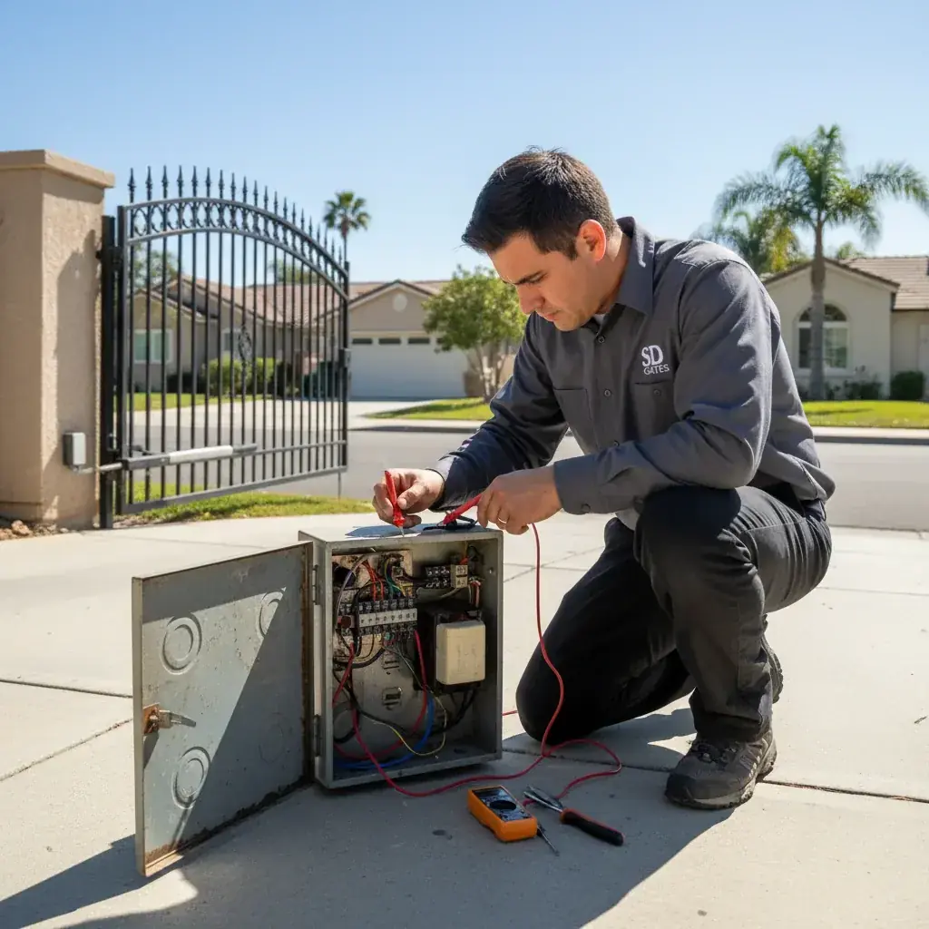 A service technician diagnosing a problem with an automatic gate in a San Diego driveway.