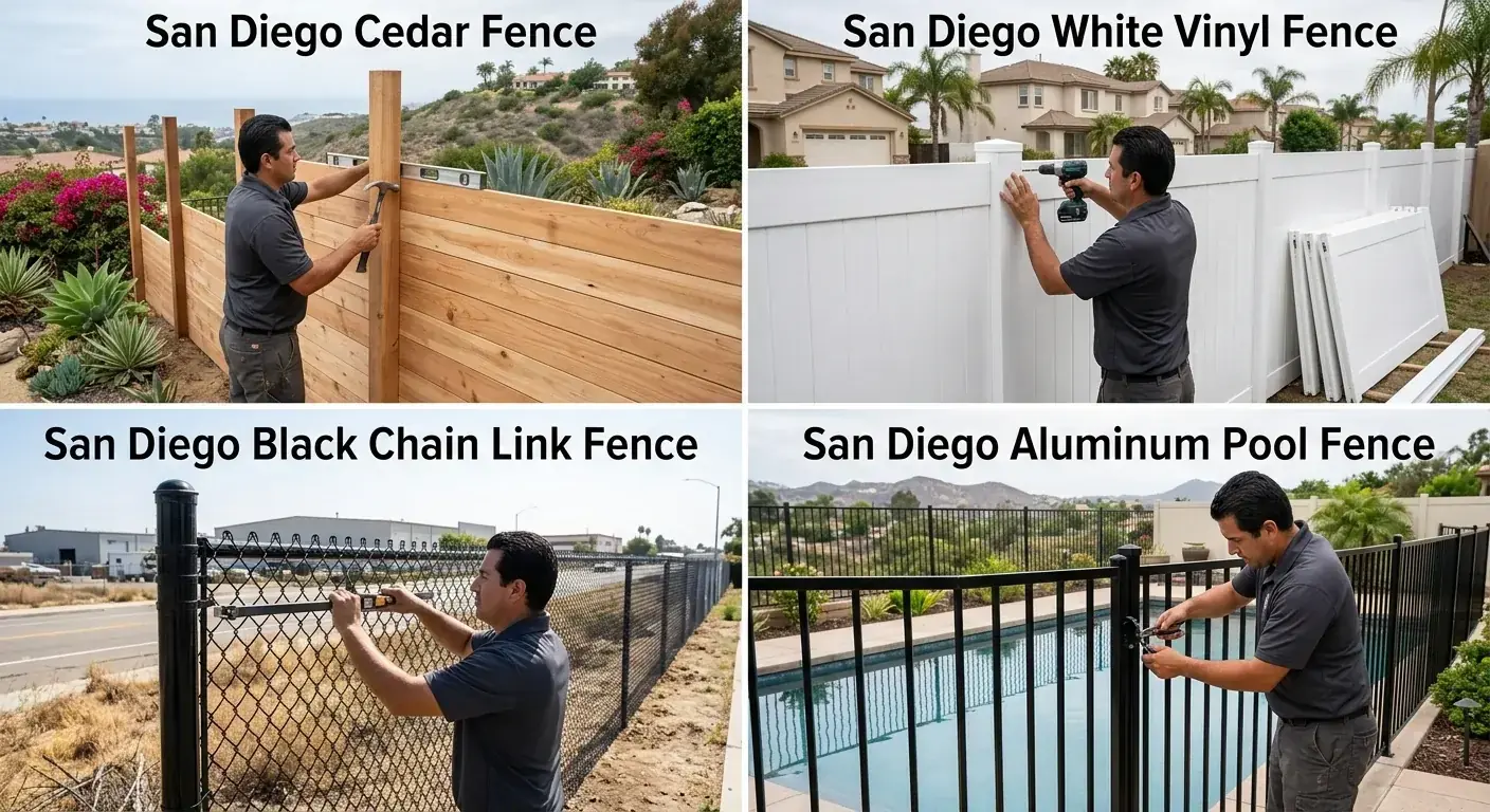 A collage of four different fence types in San Diego settings: a rustic cedar wood fence, a crisp white vinyl privacy fence, a functional black chain link fence, and an elegant aluminum pool fence.