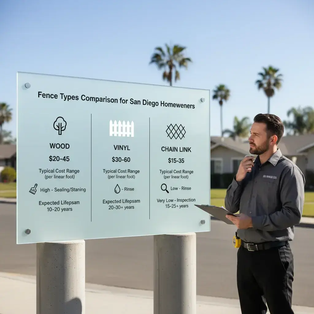 A comparative infographic illustrating the typical cost range, required maintenance, and expected lifespan for wood, vinyl, and chain link fencing in San Diego.