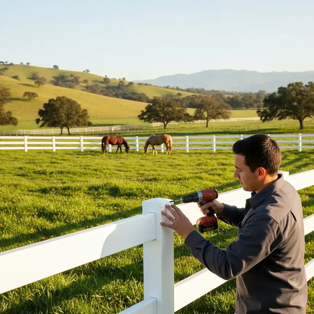 A white vinyl horse rail fence surrounds a green pasture in Ramona, California, with two horses grazing under the morning sun.