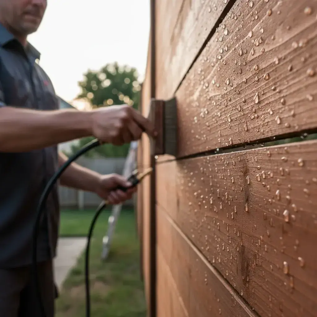A close-up photograph of water droplets beading on a beautifully stained wood fence, showing the protective seal is working correctly.