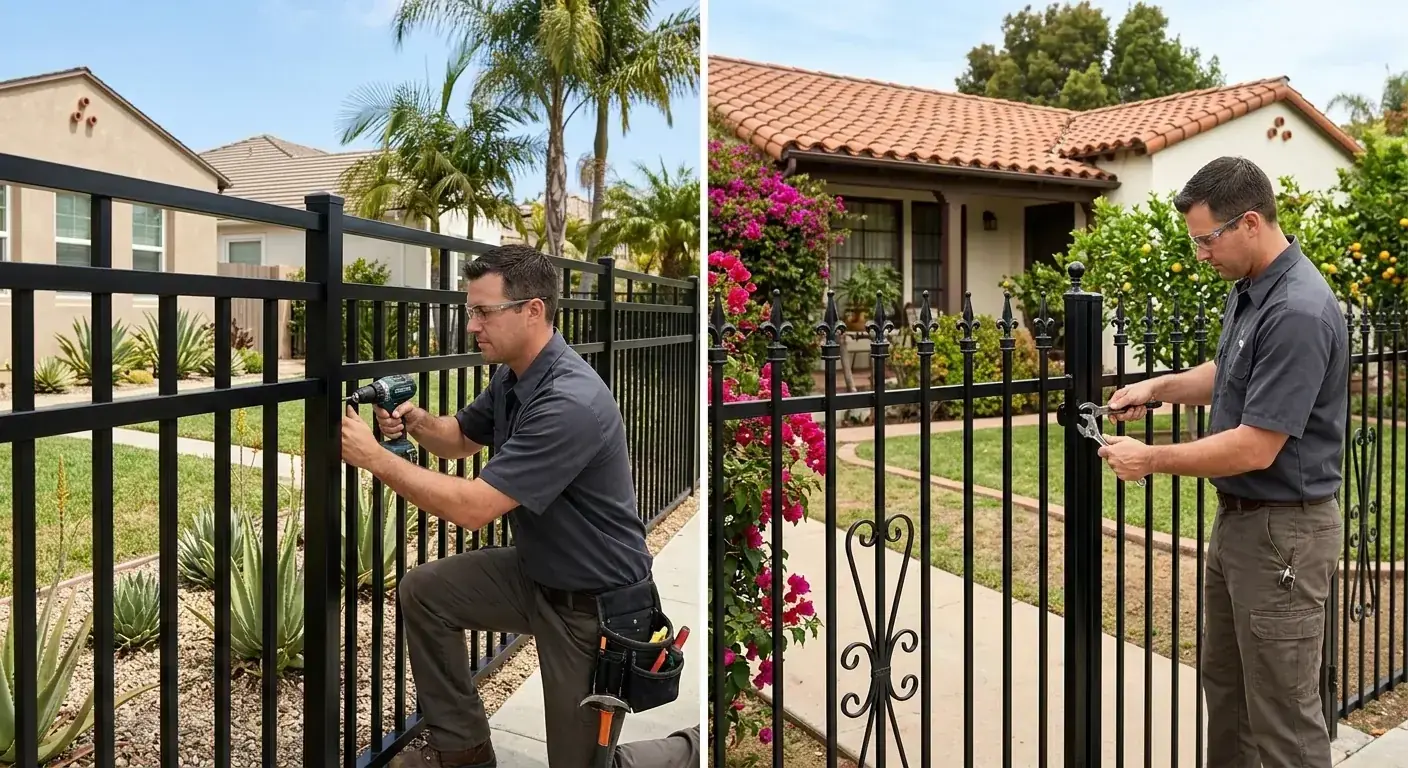 A split image showing a modern black aluminum fence on one side and a classic ornamental steel fence on the other, in similar San Diego settings.
