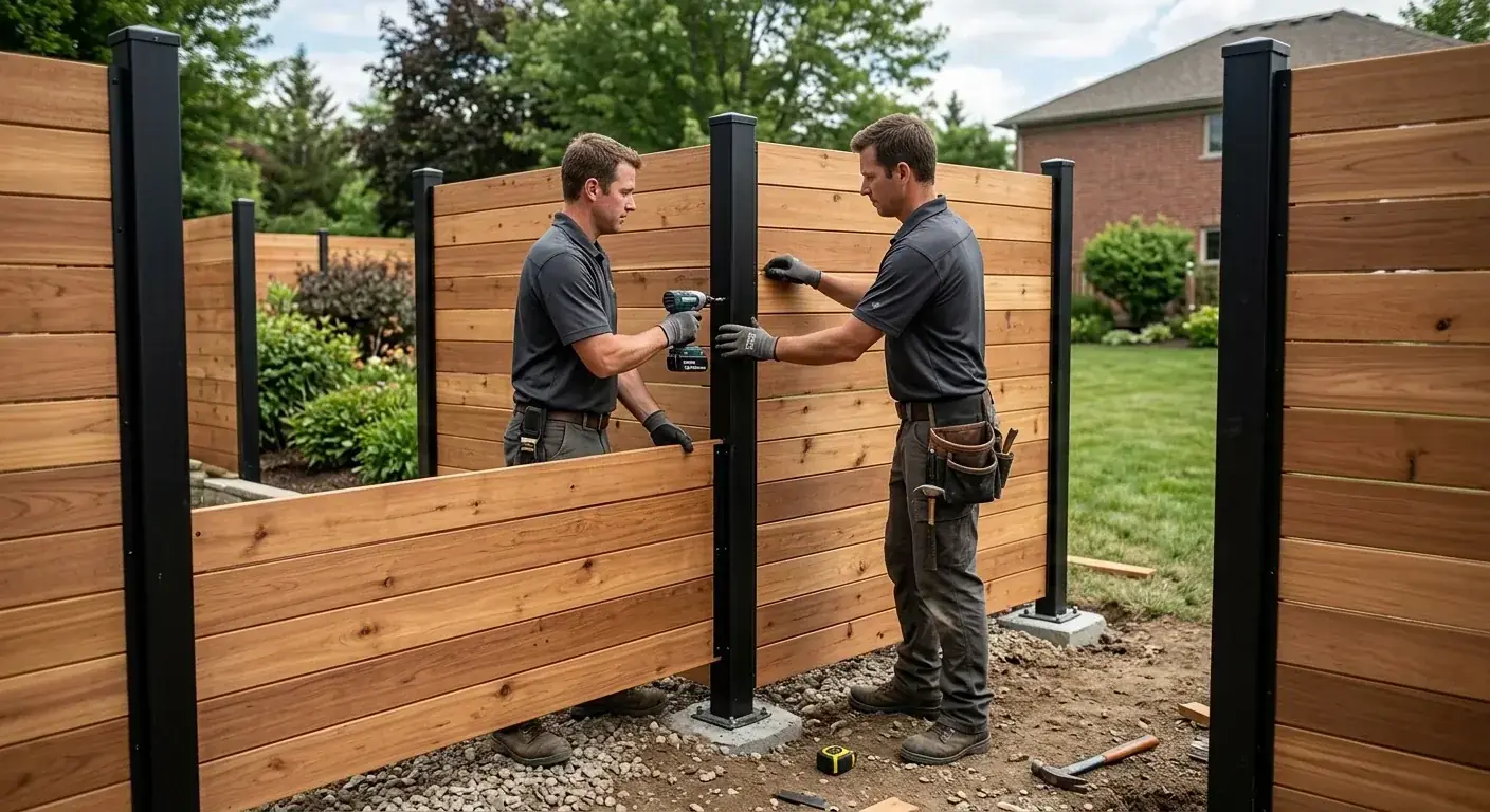 A beautiful cedar privacy fence with black galvanized steel posts clearly visible between the panels, showcasing a modern and durable installation.