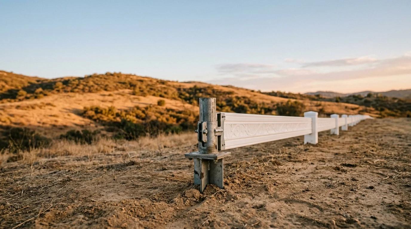A vinyl no-dig fence panel anchored to a steel spike post in a San Diego backyard with dry hillside behind it