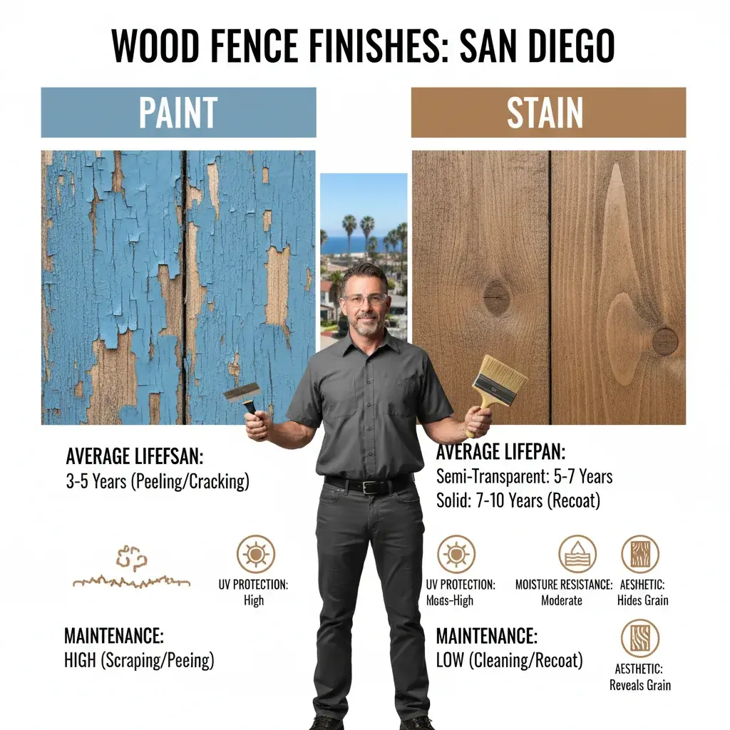 Infographic comparing how paint and stain protect wood fences, detailing surface film vs. wood penetration, maintenance cycles, and typical lifespan in San Diego.
